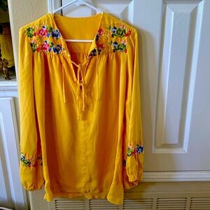 Vintage 70s Boho sunny yellow embroidered cami tunic with balloon sleeve